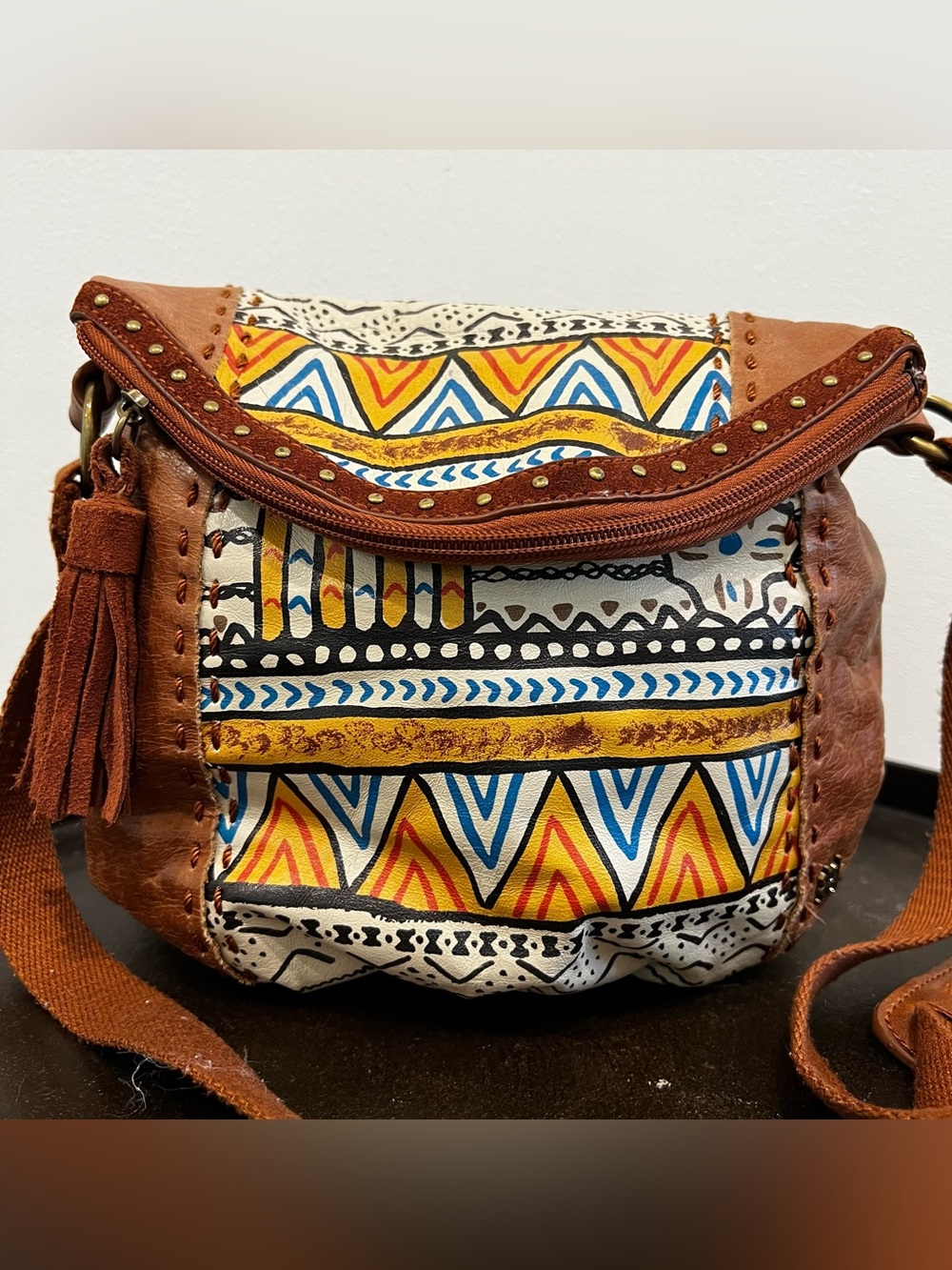 The SAK LEATHER Boho Printed Tassel Crossbody Bag in Brown Multicolor